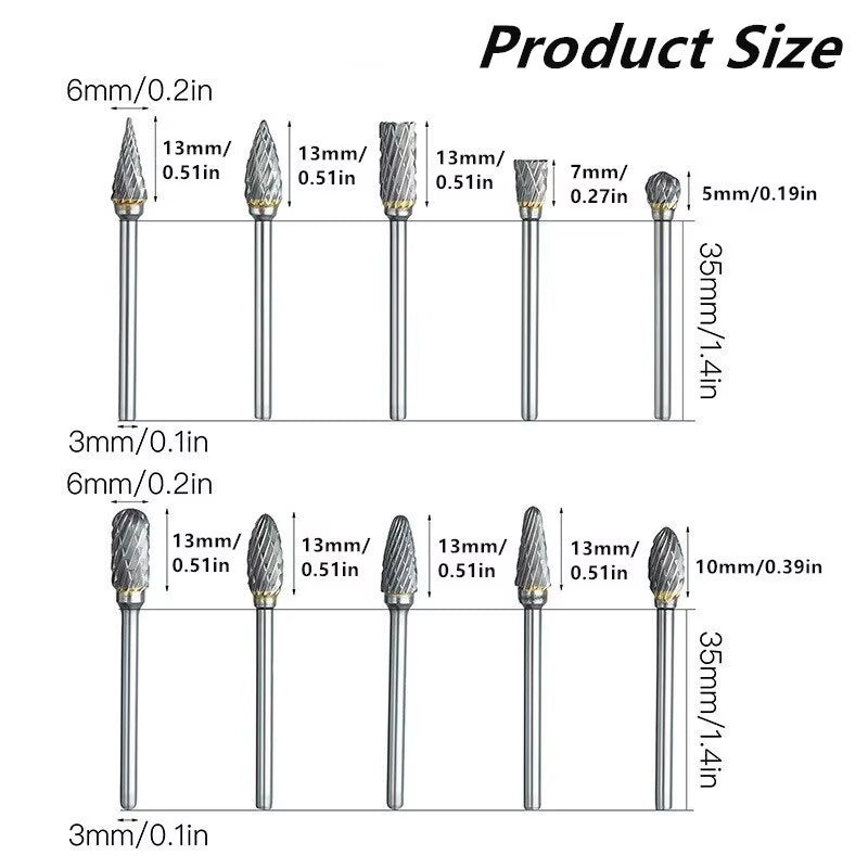 10Pcs Carbide Burr Set, Hard Alloy Tungsten Steel Double Cut Rotary File Milling Cutter Head, Woodworking Grinding Carvin