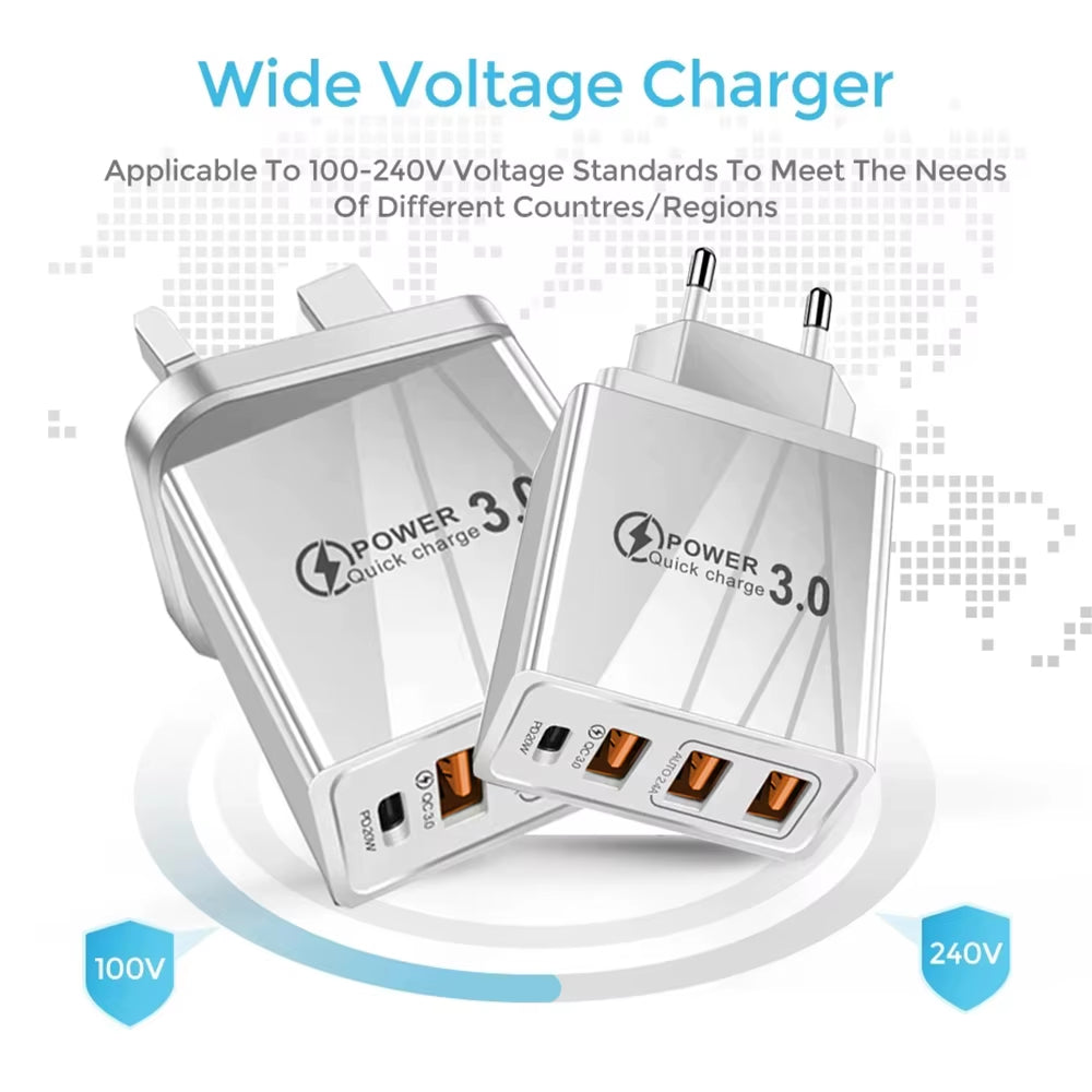 48W USB Charger QC 3.0 Type C PD Fast Charge for Iphone 12 13 Max Samsung S21 Huawei Xiaomi Mobile Phone EU/US Plug Wall Charger
