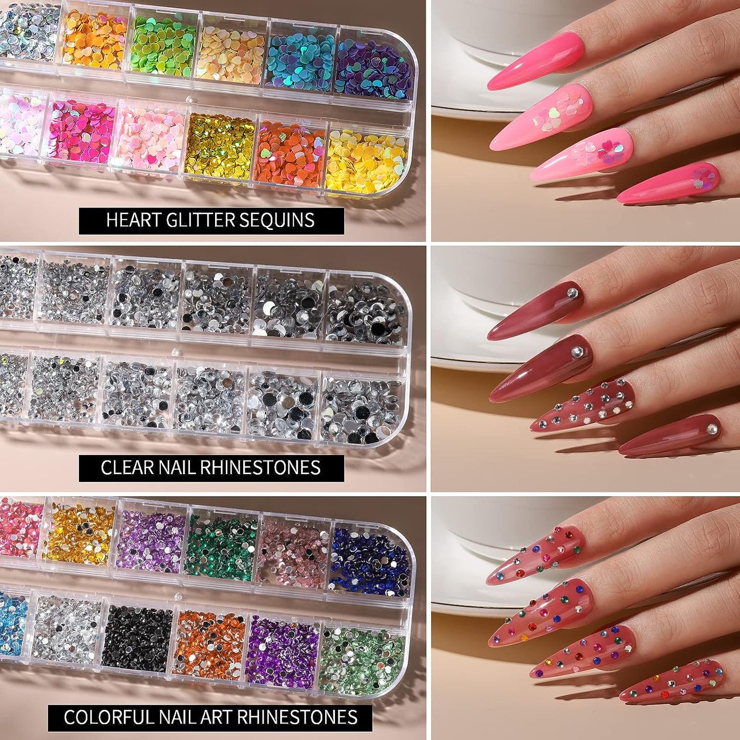 FANDAMEI Nail Art Dekorationen & Nagelpinsel Set, Nail Art Pinsel, Dotted Pen, 12 Farben Glitzer Für Nägel, Schmetterling & Herzenform Nagel Pailletten, Strasssteine Nägel, Blattgold Für Nagelkunst