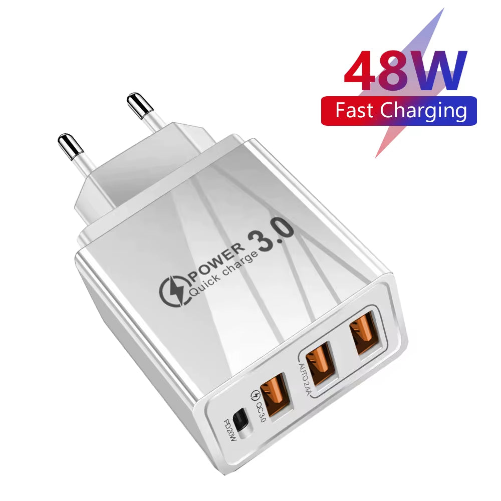 48W USB Charger QC 3.0 Type C PD Fast Charge for Iphone 12 13 Max Samsung S21 Huawei Xiaomi Mobile Phone EU/US Plug Wall Charger