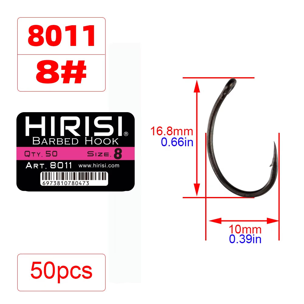 50Pcs Coating High Carbon Stainless Steel Barbed Hooks Carp Fishing Hooks Pack with Retail Original Box 8011