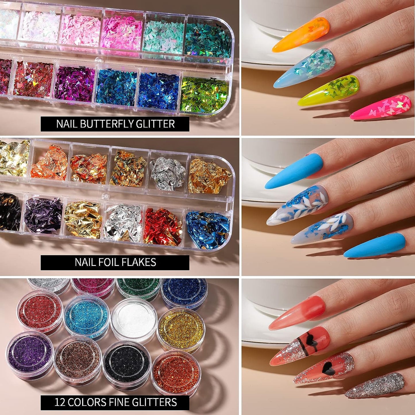 FANDAMEI Nail Art Dekorationen & Nagelpinsel Set, Nail Art Pinsel, Dotted Pen, 12 Farben Glitzer Für Nägel, Schmetterling & Herzenform Nagel Pailletten, Strasssteine Nägel, Blattgold Für Nagelkunst