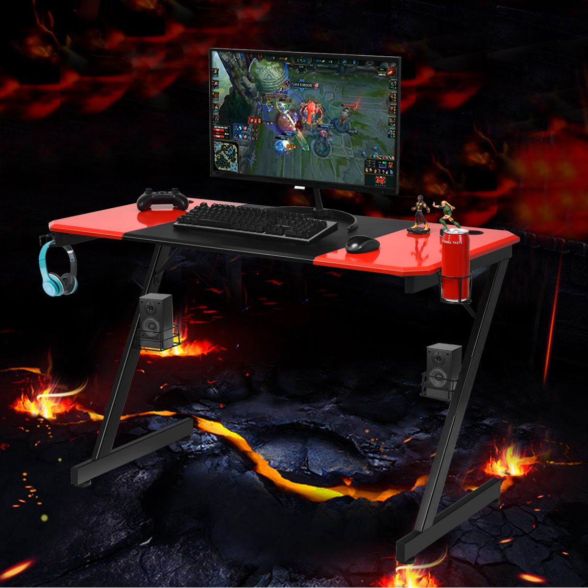Z-Förmiger Gaming Tisch Computertisch PC Tisch Mit Becherhalter Kopfhörerhaken & Boxenständer Schreibtisch Schwarz/Rot
