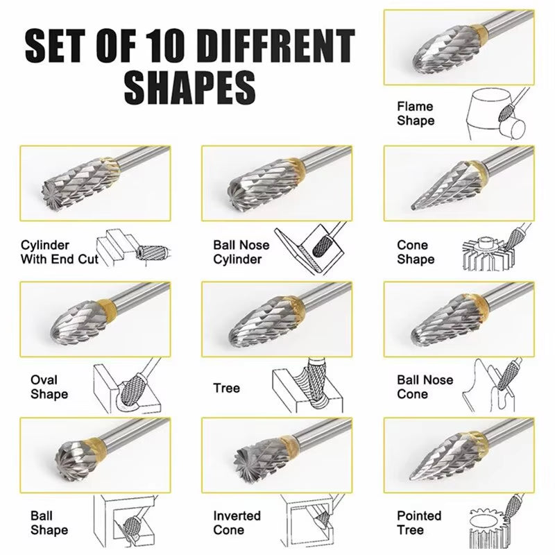 10Pcs Carbide Burr Set, Hard Alloy Tungsten Steel Double Cut Rotary File Milling Cutter Head, Woodworking Grinding Carvin