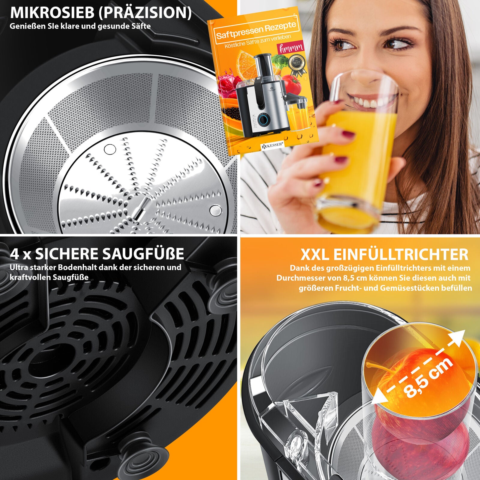 KESSER® Entsafter Saftpresse Edelstahl 1100W 85Mm Presse Obstpresse Saft Juicer