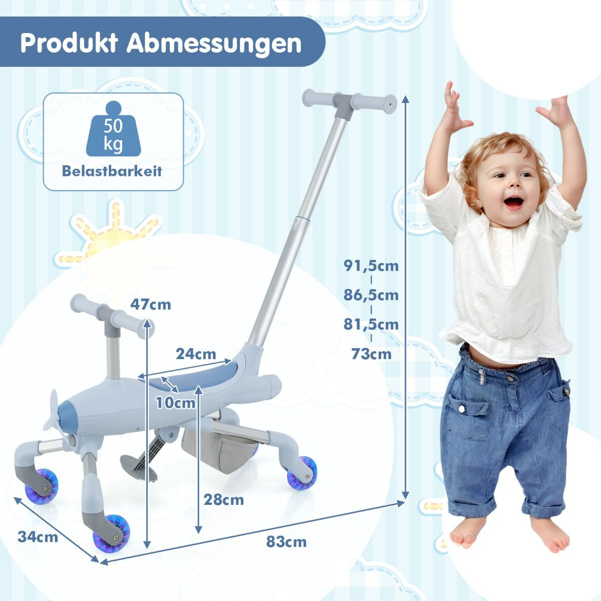 2-In-1-Rutschauto Für Kinder Schiebewagen Im Flugzeugmotiv Mit Led-Beleuchteten Rädern Bis Zu 50Kg Tragbar Blau/Rosa