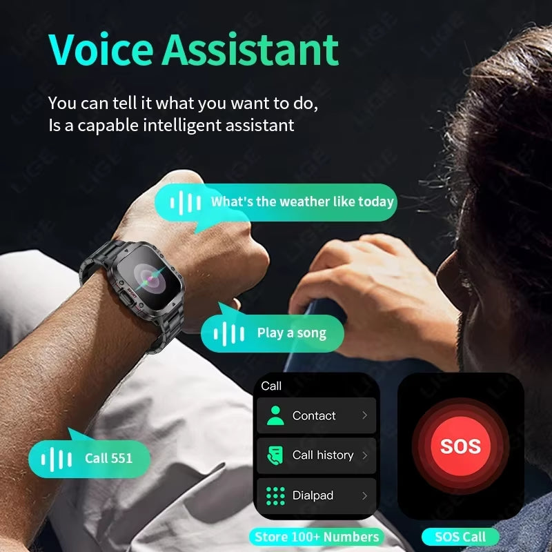 2024 Rugged Military Smart Watch Men Outdoor Watches Lp68 Waterproof 2.01" Al Voice Bluetooth Call Smartwatch for Android Los