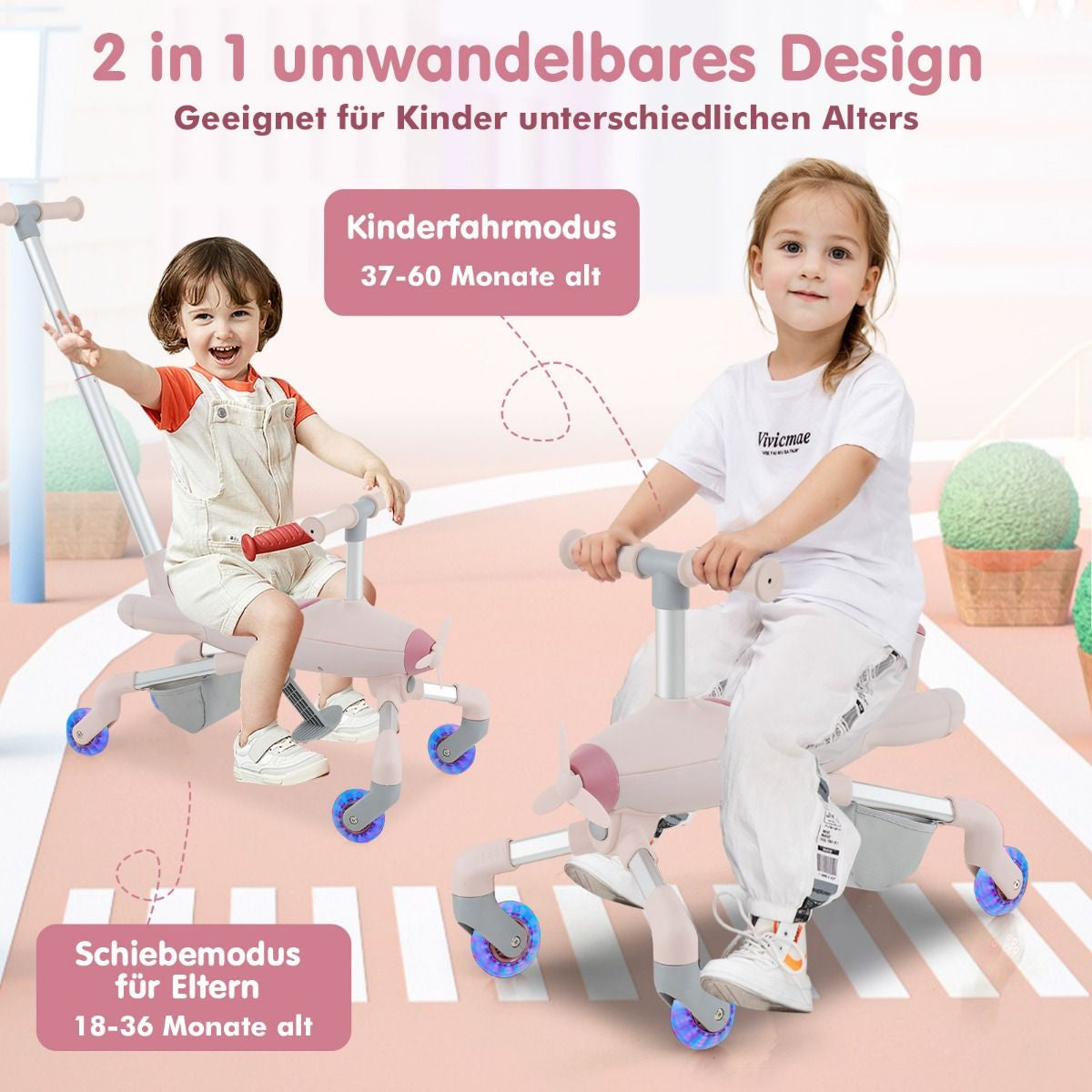 2-In-1-Rutschauto Für Kinder Schiebewagen Im Flugzeugmotiv Mit Led-Beleuchteten Rädern Bis Zu 50Kg Tragbar Blau/Rosa