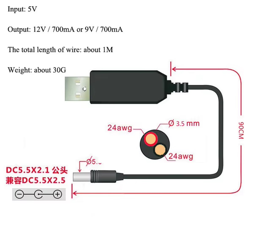 USB Power Boost Line DC 5V to DC 9V / 12V Step up Module USB Converter Adapter Router Cable 2.1X5.5Mm Plug