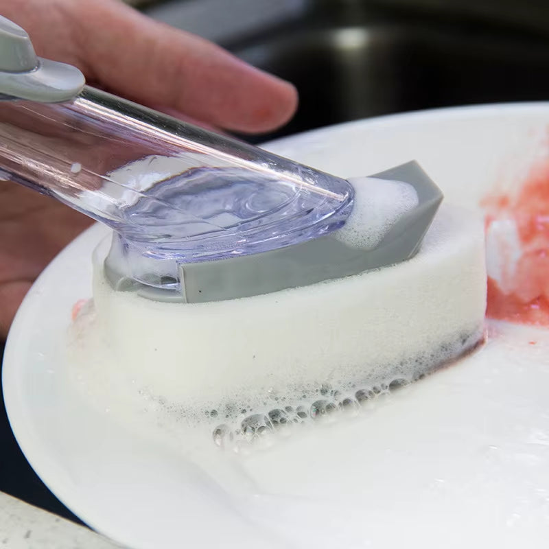 Kitchen Cleaning Brush with Dishwashing Sponge 2 in 1 Long Handle Dish Washing Brush Household Cleaning Tools