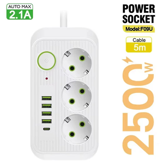 5M EU Plug AC Outlets Multitap Socket Extension Cord Electrical Power Strip with USB Type C Fast Charging Network Filter Adapter