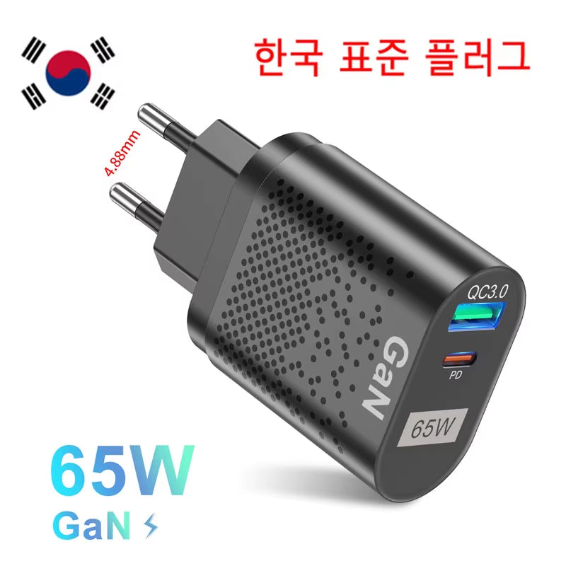 65W Gan Charger USB C PD KR Plugs Fast Charging Gan Charger Phone Quick Charging Type C for Iphone Korean Specification