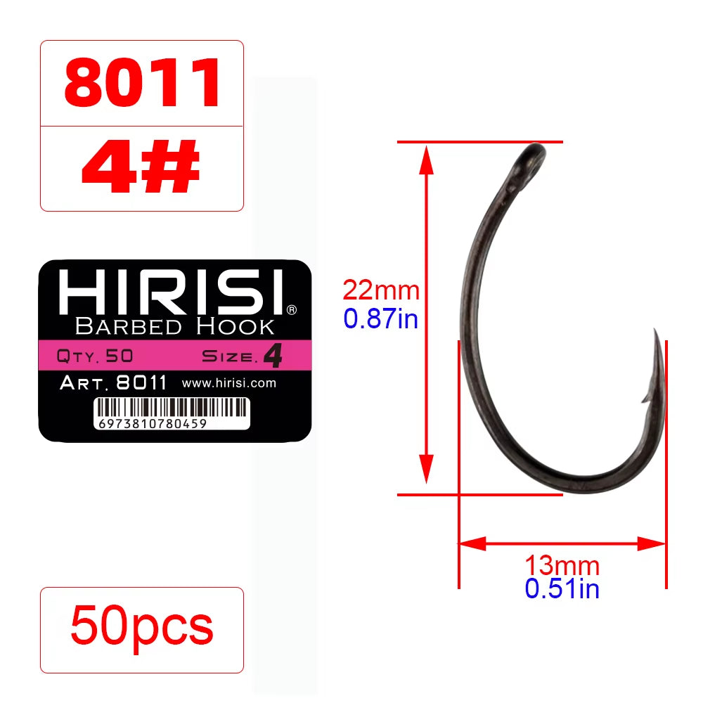 50Pcs Coating High Carbon Stainless Steel Barbed Hooks Carp Fishing Hooks Pack with Retail Original Box 8011