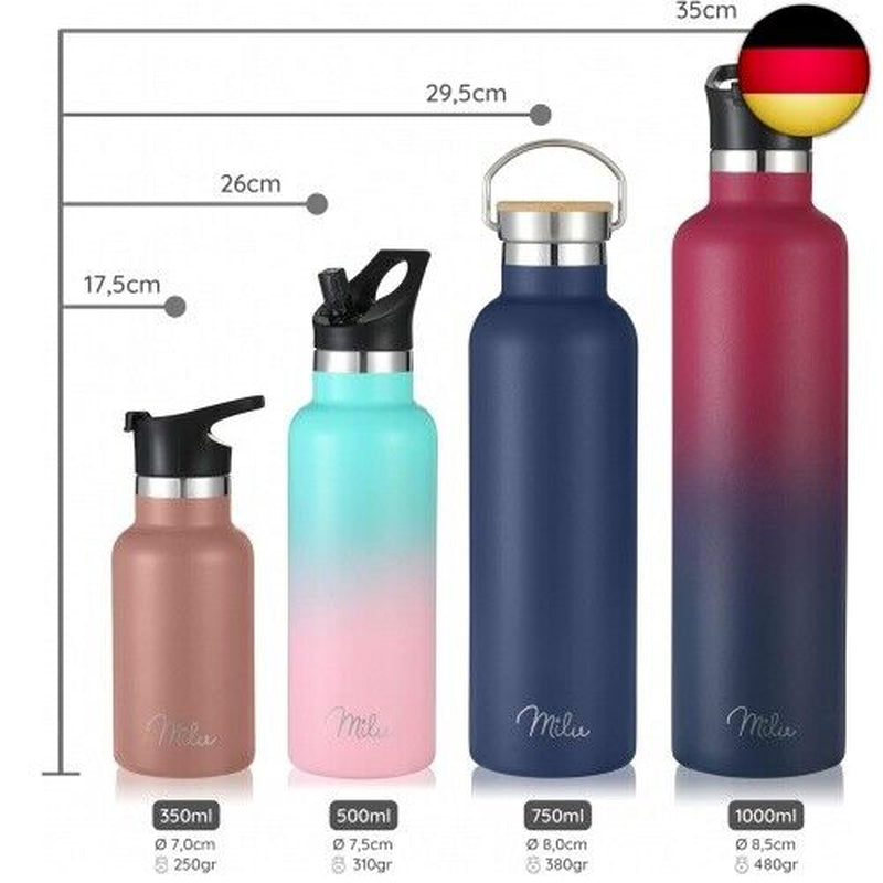 Milu Edelstahl Trinkflasche 500Ml, 750Ml, 1000Ml (+3 Deckel) - Thermosflasche