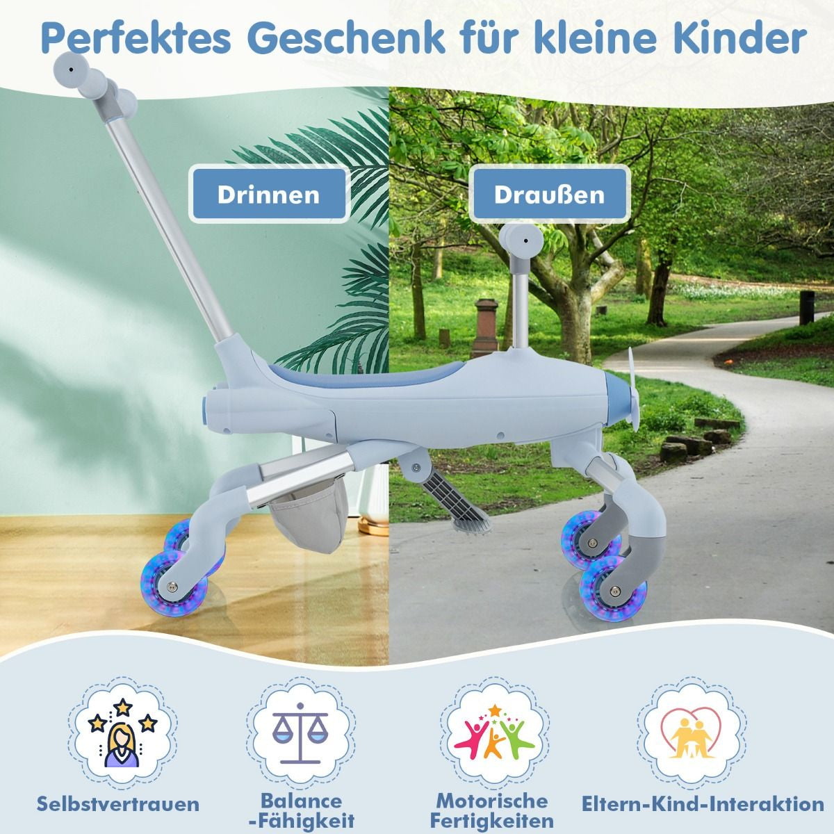 2-In-1-Rutschauto Für Kinder Schiebewagen Im Flugzeugmotiv Mit Led-Beleuchteten Rädern Bis Zu 50Kg Tragbar Blau/Rosa
