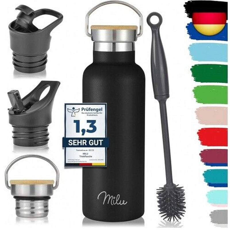 Milu Edelstahl Trinkflasche 500Ml, 750Ml, 1000Ml (+3 Deckel) - Thermosflasche