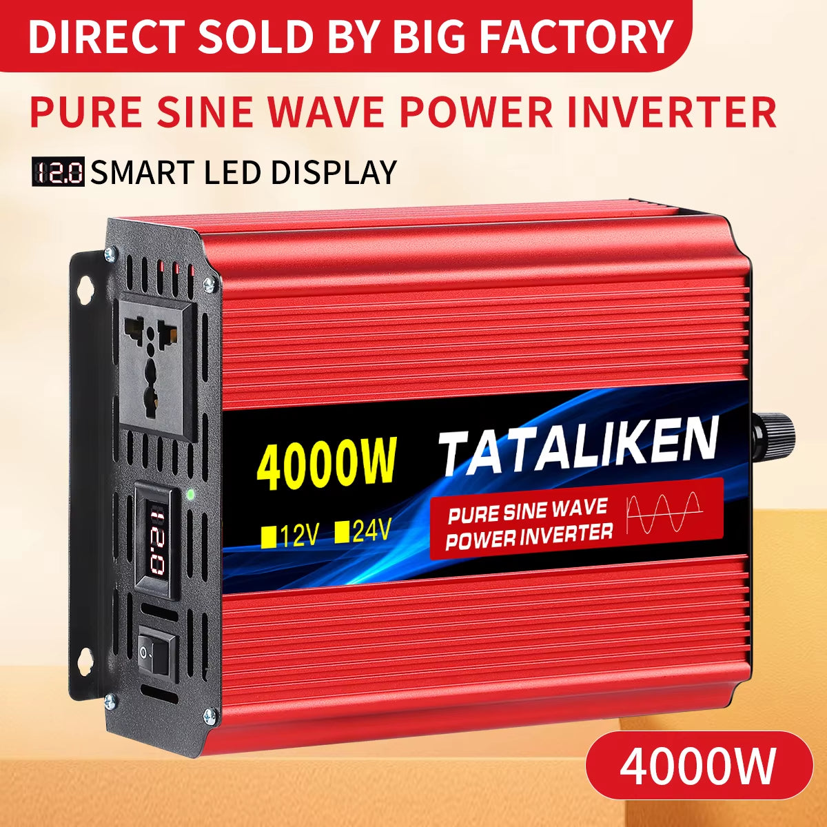 Pure Sine Wave Inverter 1000W-4000W DC 12V/24V to AC 220V 50Hz Power Inverter Charger Adapter Universal Socket