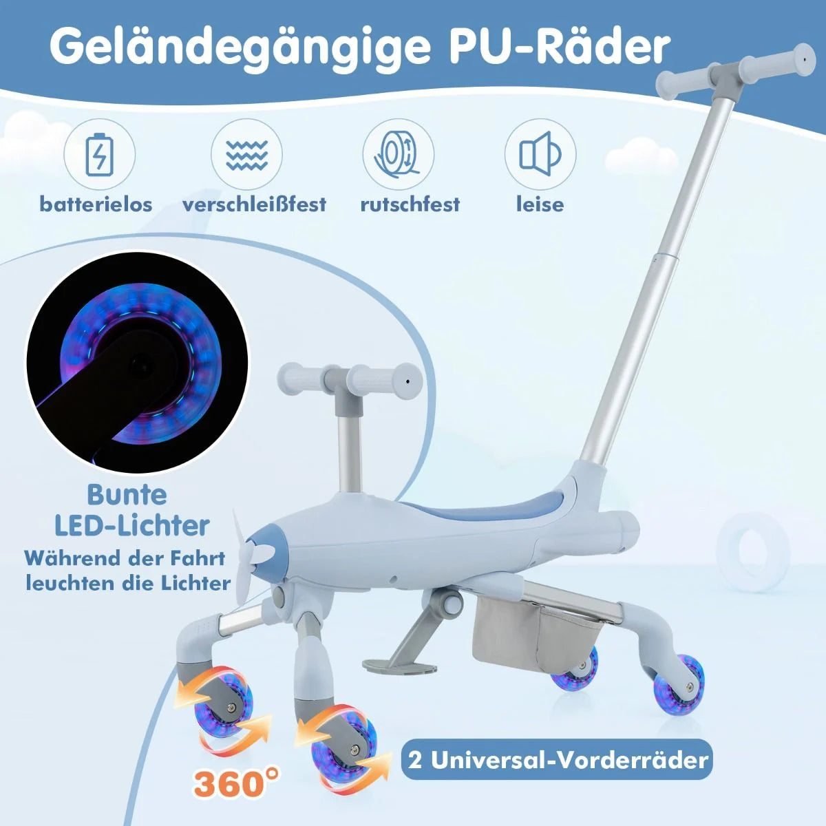 2-In-1-Rutschauto Für Kinder Schiebewagen Im Flugzeugmotiv Mit Led-Beleuchteten Rädern Bis Zu 50Kg Tragbar Blau/Rosa