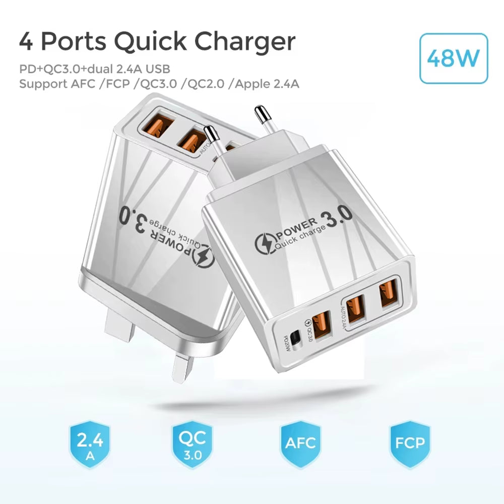 48W USB Charger QC 3.0 Type C PD Fast Charge for Iphone 12 13 Max Samsung S21 Huawei Xiaomi Mobile Phone EU/US Plug Wall Charger