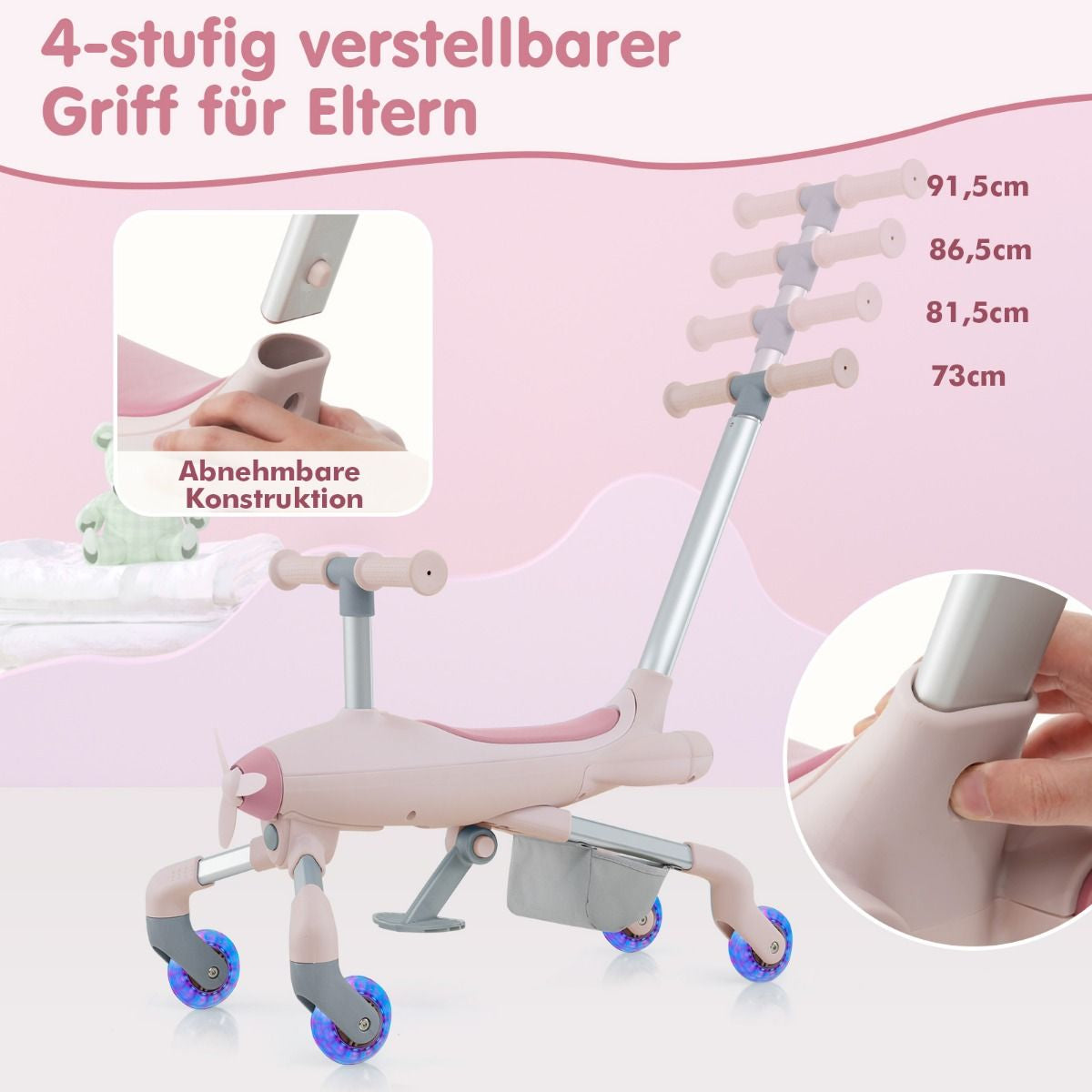 2-In-1-Rutschauto Für Kinder Schiebewagen Im Flugzeugmotiv Mit Led-Beleuchteten Rädern Bis Zu 50Kg Tragbar Blau/Rosa