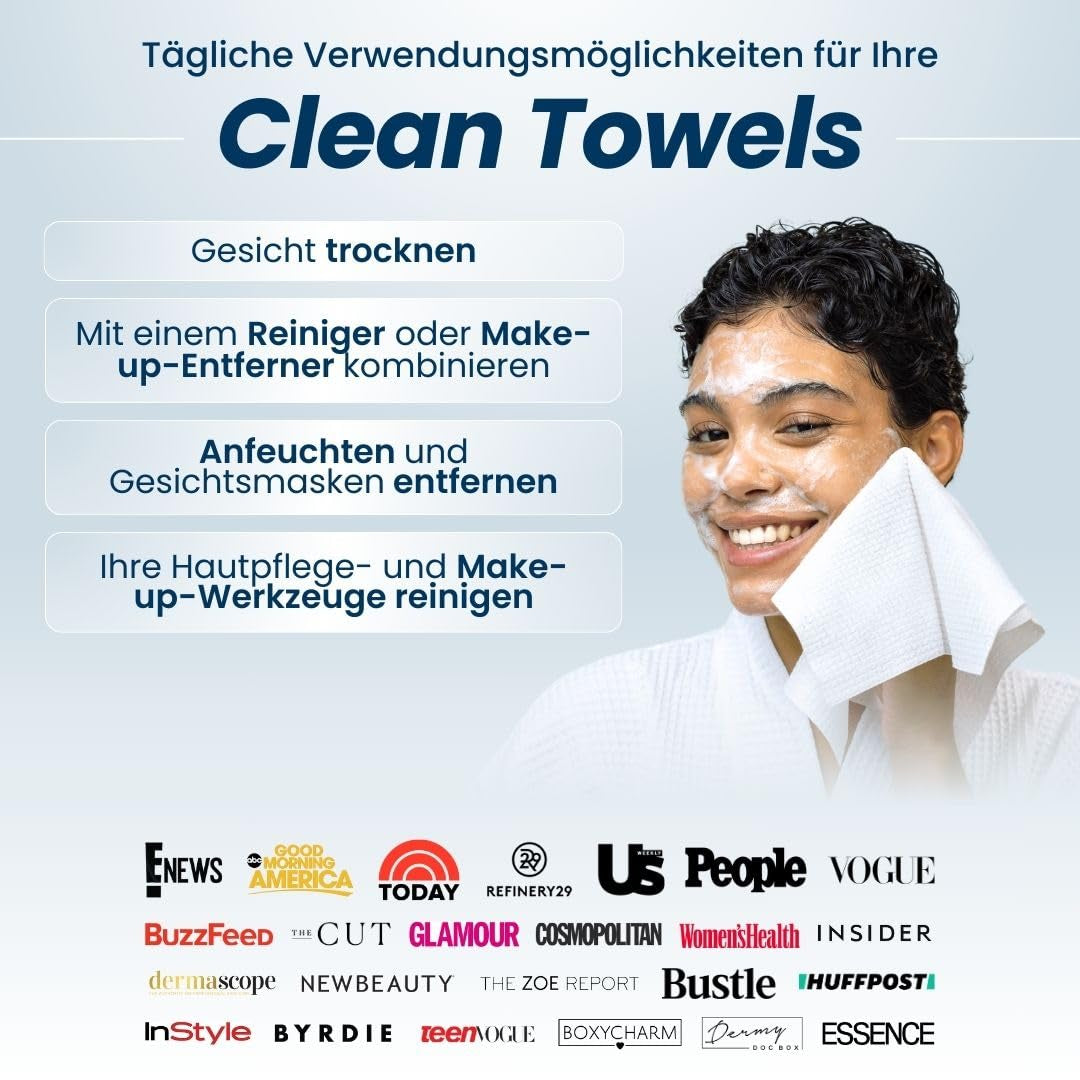 Clean Skin Club Clean Towel Gesichtstuch XL, 100% USDA Zertifizierte Dermatologisch & Klinisch Getestete Gesichtshandtücher, Einweg-Handtücher, Gesichtswaschlappen, Make-Up-Entferner, 50 St., 1-Pack