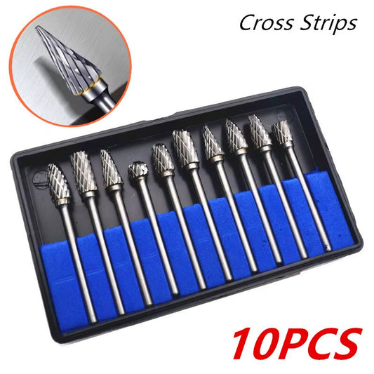 10Pcs Carbide Burr Set, Hard Alloy Tungsten Steel Double Cut Rotary File Milling Cutter Head, Woodworking Grinding Carvin