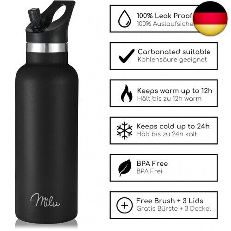 Milu Edelstahl Trinkflasche 500Ml, 750Ml, 1000Ml (+3 Deckel) - Thermosflasche