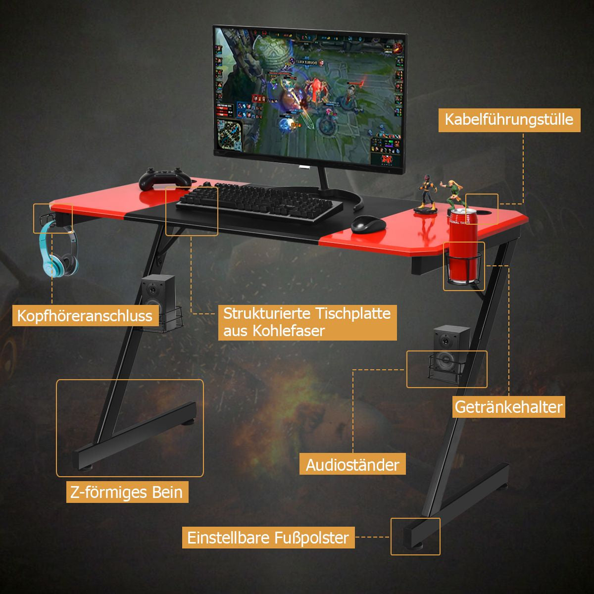 Z-Förmiger Gaming Tisch Computertisch PC Tisch Mit Becherhalter Kopfhörerhaken & Boxenständer Schreibtisch Schwarz/Rot