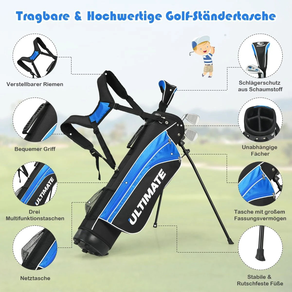 5-Teiliges Kinder Golfschläger Set Mit Fairway Holz Eisen 7, 9 & Putter Mit Standtasche Für Junior Von 11-13 Jahren