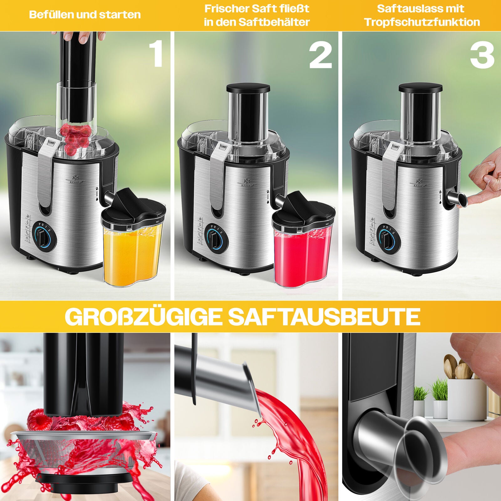 KESSER® Entsafter Saftpresse Edelstahl 1100W 85Mm Presse Obstpresse Saft Juicer