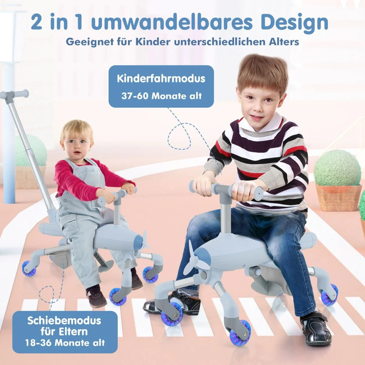 2-In-1-Rutschauto Für Kinder Schiebewagen Im Flugzeugmotiv Mit Led-Beleuchteten Rädern Bis Zu 50Kg Tragbar Blau/Rosa