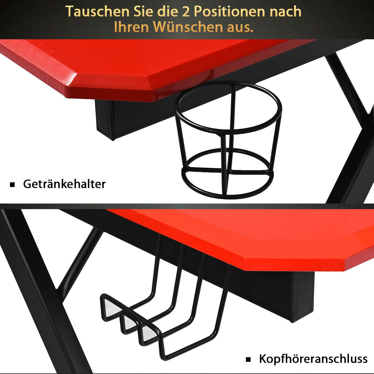 Z-Förmiger Gaming Tisch Computertisch PC Tisch Mit Becherhalter Kopfhörerhaken & Boxenständer Schreibtisch Schwarz/Rot