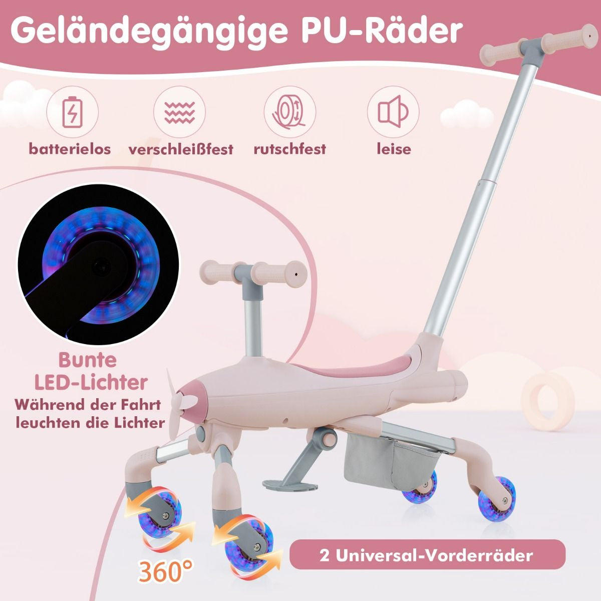 2-In-1-Rutschauto Für Kinder Schiebewagen Im Flugzeugmotiv Mit Led-Beleuchteten Rädern Bis Zu 50Kg Tragbar Blau/Rosa