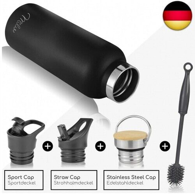 Milu Edelstahl Trinkflasche 500Ml, 750Ml, 1000Ml (+3 Deckel) - Thermosflasche