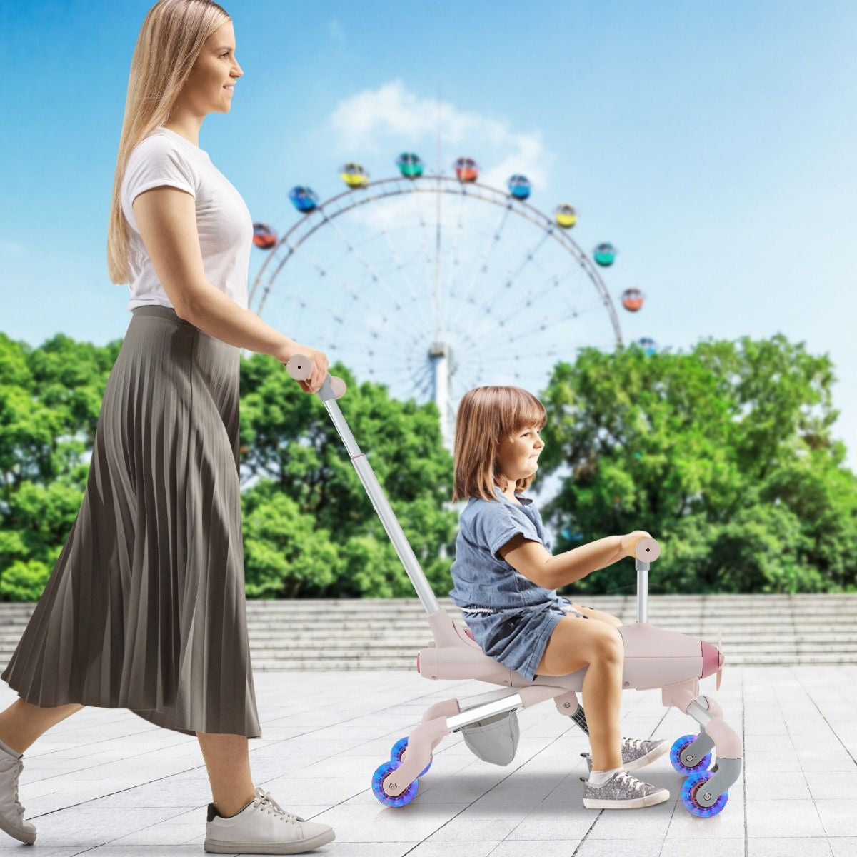 2-In-1-Rutschauto Für Kinder Schiebewagen Im Flugzeugmotiv Mit Led-Beleuchteten Rädern Bis Zu 50Kg Tragbar Blau/Rosa