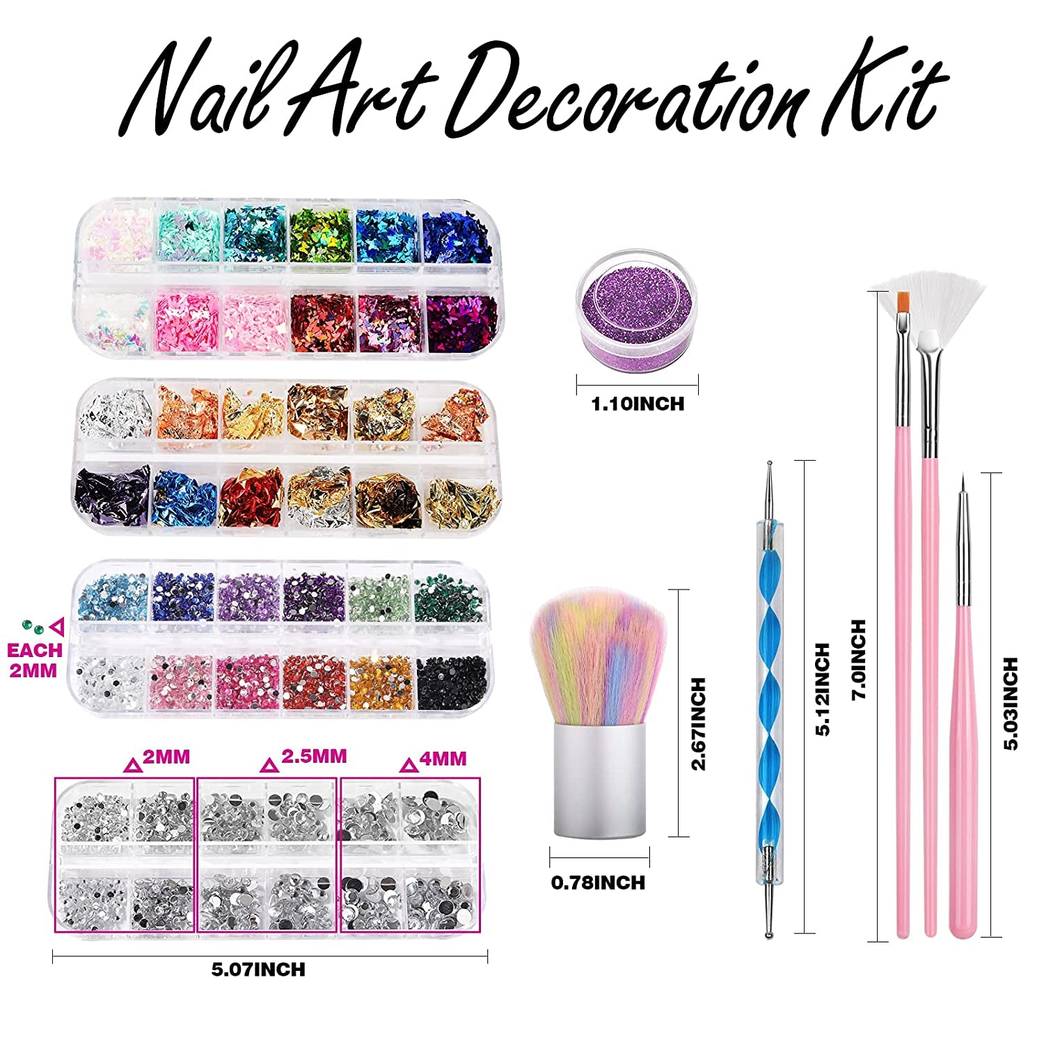 FANDAMEI Nail Art Dekorationen & Nagelpinsel Set, Nail Art Pinsel, Dotted Pen, 12 Farben Glitzer Für Nägel, Schmetterling & Herzenform Nagel Pailletten, Strasssteine Nägel, Blattgold Für Nagelkunst