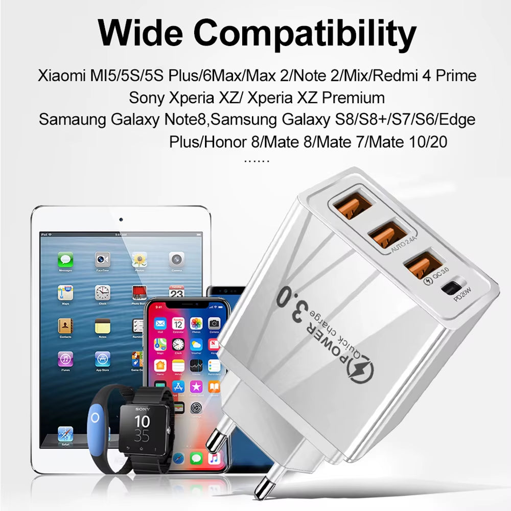 48W USB Charger QC 3.0 Type C PD Fast Charge for Iphone 12 13 Max Samsung S21 Huawei Xiaomi Mobile Phone EU/US Plug Wall Charger