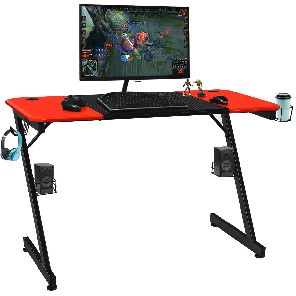 Z-Förmiger Gaming Tisch Computertisch PC Tisch Mit Becherhalter Kopfhörerhaken & Boxenständer Schreibtisch Schwarz/Rot