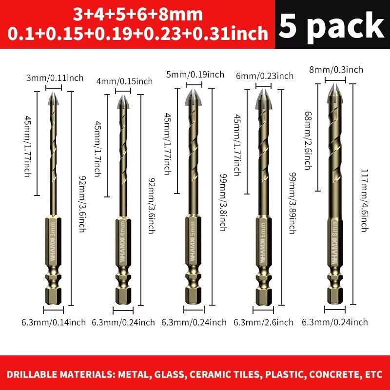 5Pcs/7Pcs 3-12Mm Cross Hex Tile Drill Bit for Glass Concrete Ceramic Tile Hole Opener, Tungsten Carbide Hard Alloy Bits Set Tool