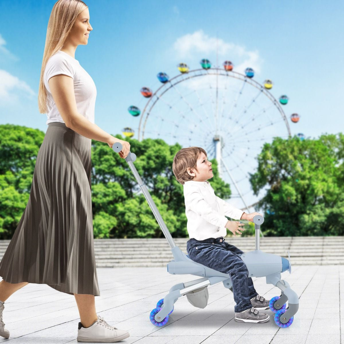 2-In-1-Rutschauto Für Kinder Schiebewagen Im Flugzeugmotiv Mit Led-Beleuchteten Rädern Bis Zu 50Kg Tragbar Blau/Rosa