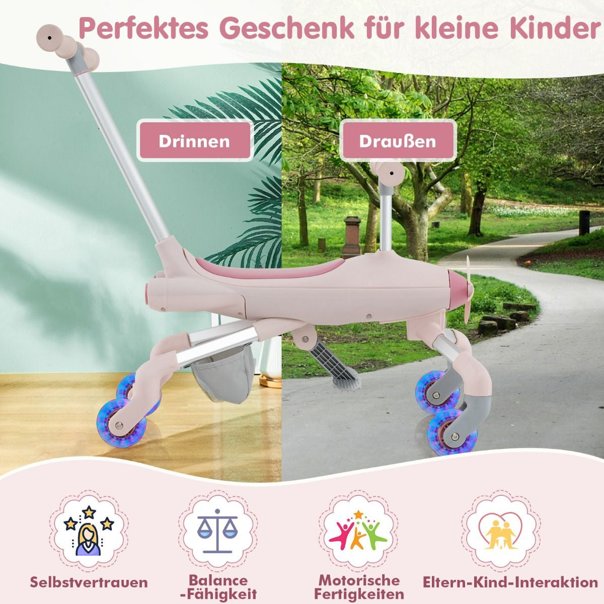 2-In-1-Rutschauto Für Kinder Schiebewagen Im Flugzeugmotiv Mit Led-Beleuchteten Rädern Bis Zu 50Kg Tragbar Blau/Rosa