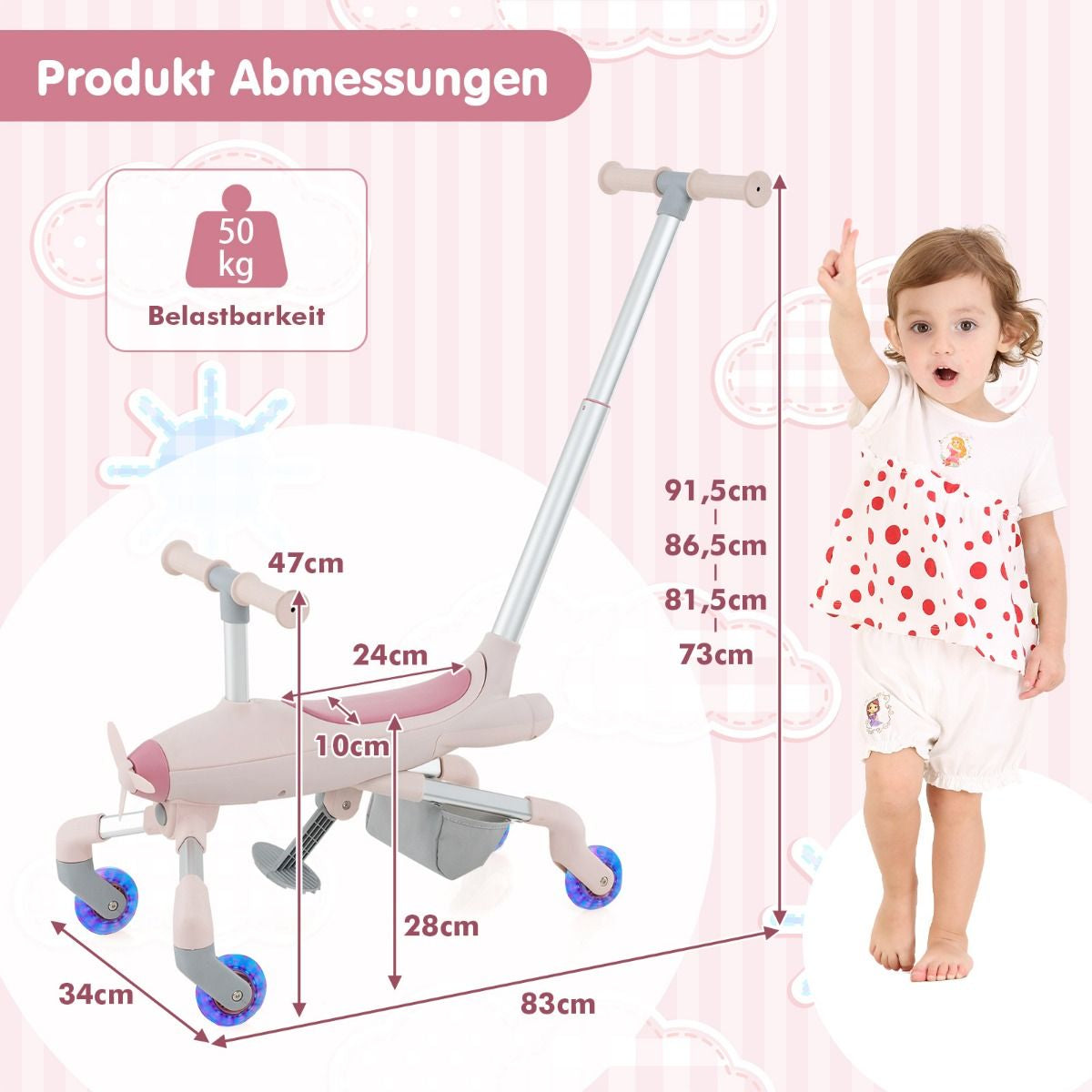 2-In-1-Rutschauto Für Kinder Schiebewagen Im Flugzeugmotiv Mit Led-Beleuchteten Rädern Bis Zu 50Kg Tragbar Blau/Rosa