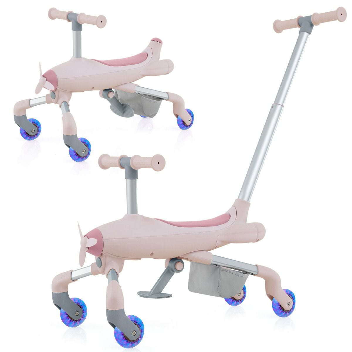 2-In-1-Rutschauto Für Kinder Schiebewagen Im Flugzeugmotiv Mit Led-Beleuchteten Rädern Bis Zu 50Kg Tragbar Blau/Rosa