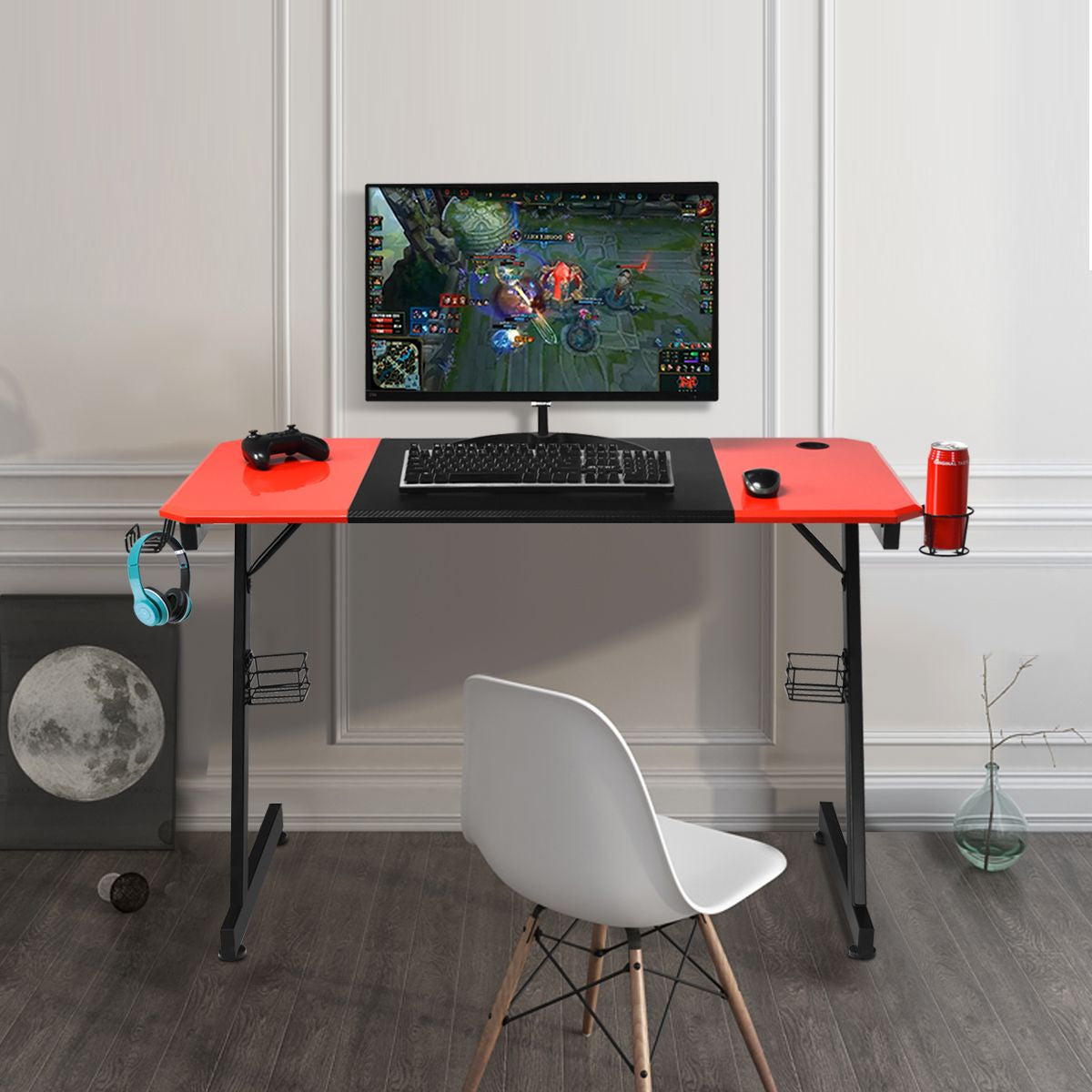Z-Förmiger Gaming Tisch Computertisch PC Tisch Mit Becherhalter Kopfhörerhaken & Boxenständer Schreibtisch Schwarz/Rot
